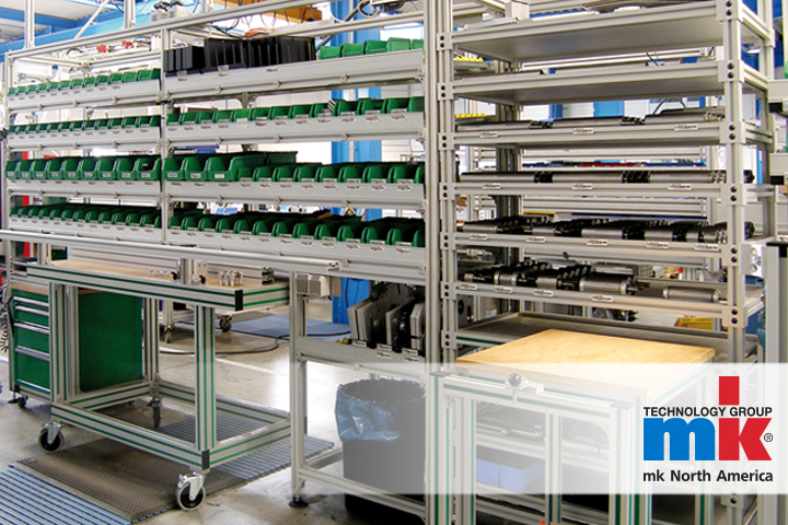 Kanban racks holding stock in a lean manufacturing facility, created with mk aluminum extrusions.