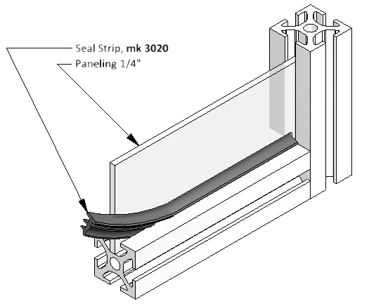 Diagram of Sealing Strip being Applied between T-Slot Frame and Side Panel