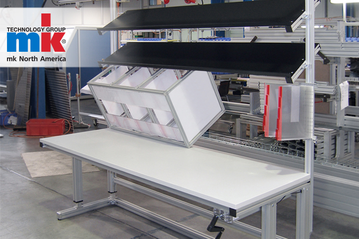 An ergonomic industrial workstation made using mk North America t-slot extrusions.