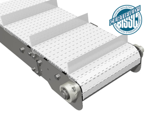A stainless steel conveyor with a white cleated belt.