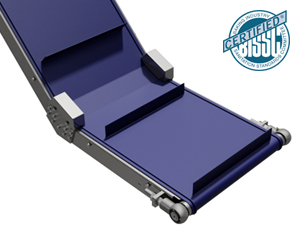 A stainless steel framed conveyor system with incline and a purple cleated belt.