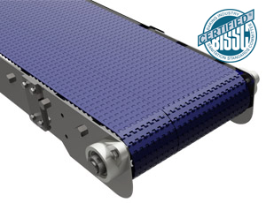 The sanitary stainless steel conveyor system with modular plastic belt.