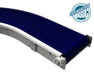 A stainless steel belt conveyor with curved frame and modular plastic belt.