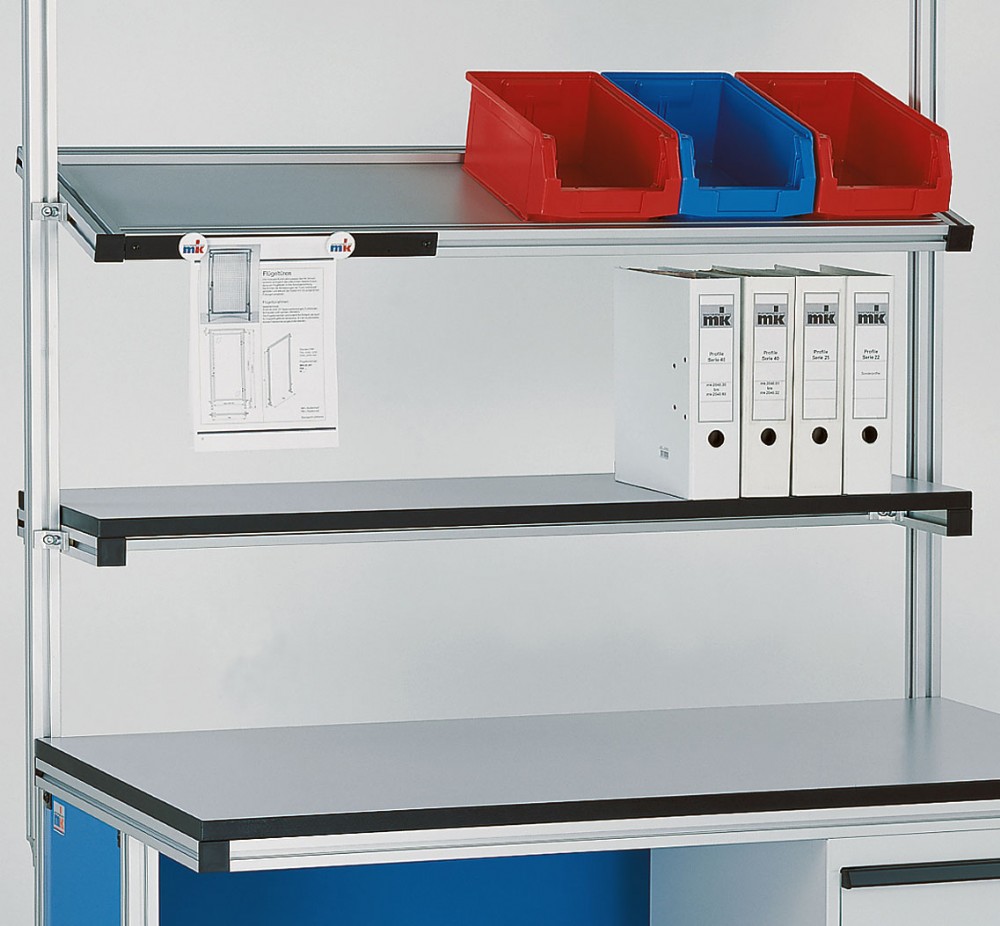 Shelving Attached to Extruded Aluminum Factory Workstation