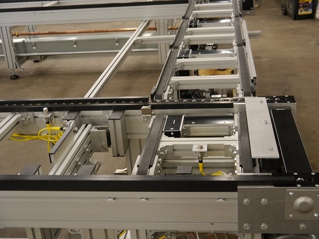 Pallet conveyor system with various conveyor types.