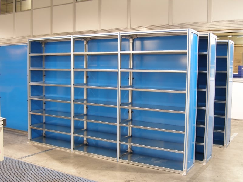 Aluminum extrusion shelves with blue paneling