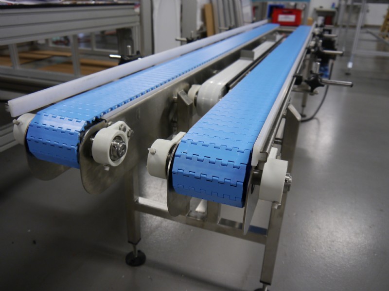 Blue and white belt stainless steel conveyor