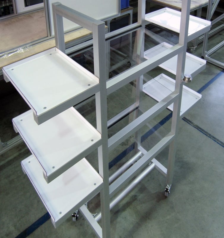 Flat finish aluminum extrusion made into a custom cart with shelves