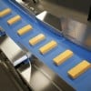 Stainless steel conveyor with blue belt carrying cheese
