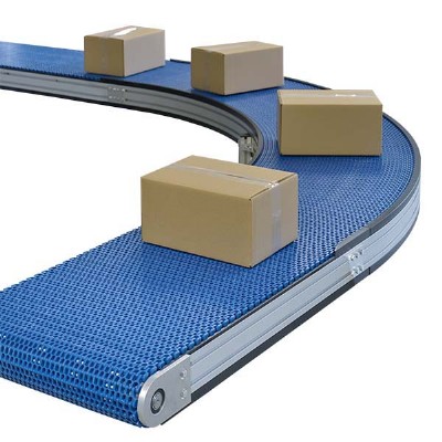 Curved plastic modular belt conveyor carrying boxes