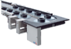 Bi flow conveyor using flat belts Bi flow conveyor with round parts