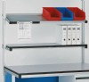 Shelving Attached to Extruded Aluminum Factory Workstation